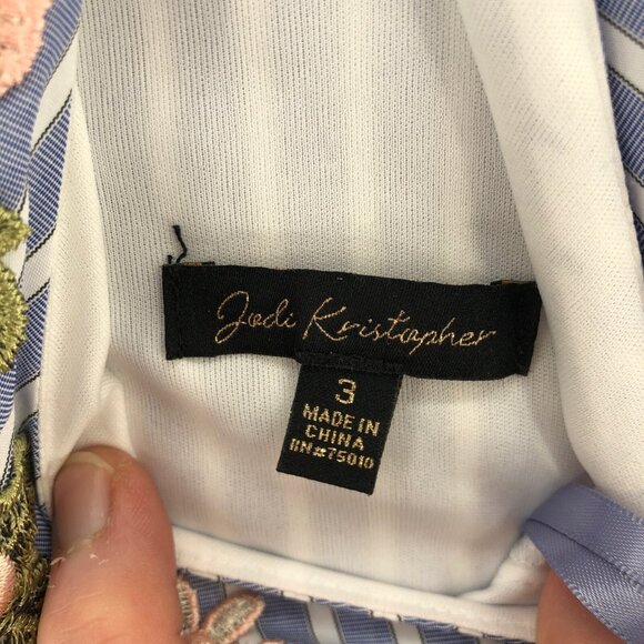 Jodi Kristopher Dress Womens 3 Blue Stripe Mini Fit & Flare Full Floral Applique - Picture 5 of 12
